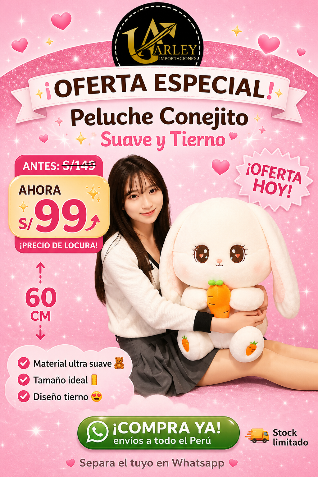 “La Coneja Kawaii de Ojos Preciosos e Imposible de Resistir” 60 CM "ORIGINAL IMPORTADO+ ENVIO GRATIS SOLO POR HOY🐰