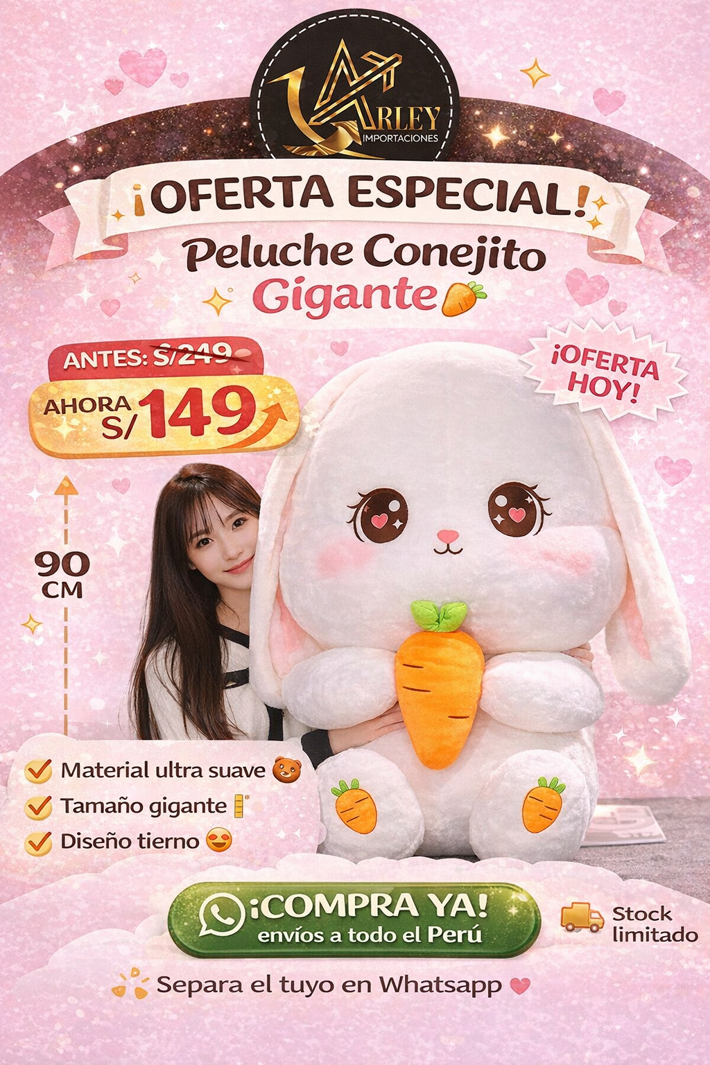 “La Coneja Kawaii de Ojos Preciosos e Imposible de Resistir” 90 CM "ORIGINAL IMPORTADO+ "( BORDADO PERSONALIZADO) GRATIS SOLO POR HOY🐰